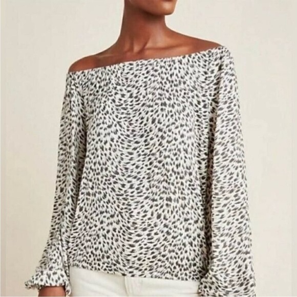 Anthropologie Top Cascais Off Shoulder Leopard Print Knit Long Sleeve Medium - Picture 2 of 14